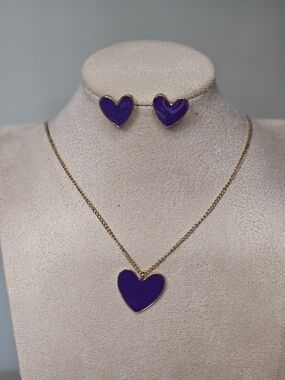 Gold-tone Purple Heart Necklace & Stud Earring Set